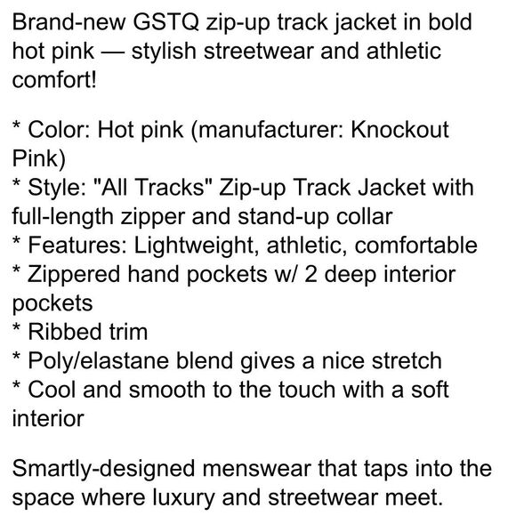 GSTQ Mens Medium Track Jacket Zip Up Hot Pink Athletic Luxury Streetwear NEW - Picture 12 of 12